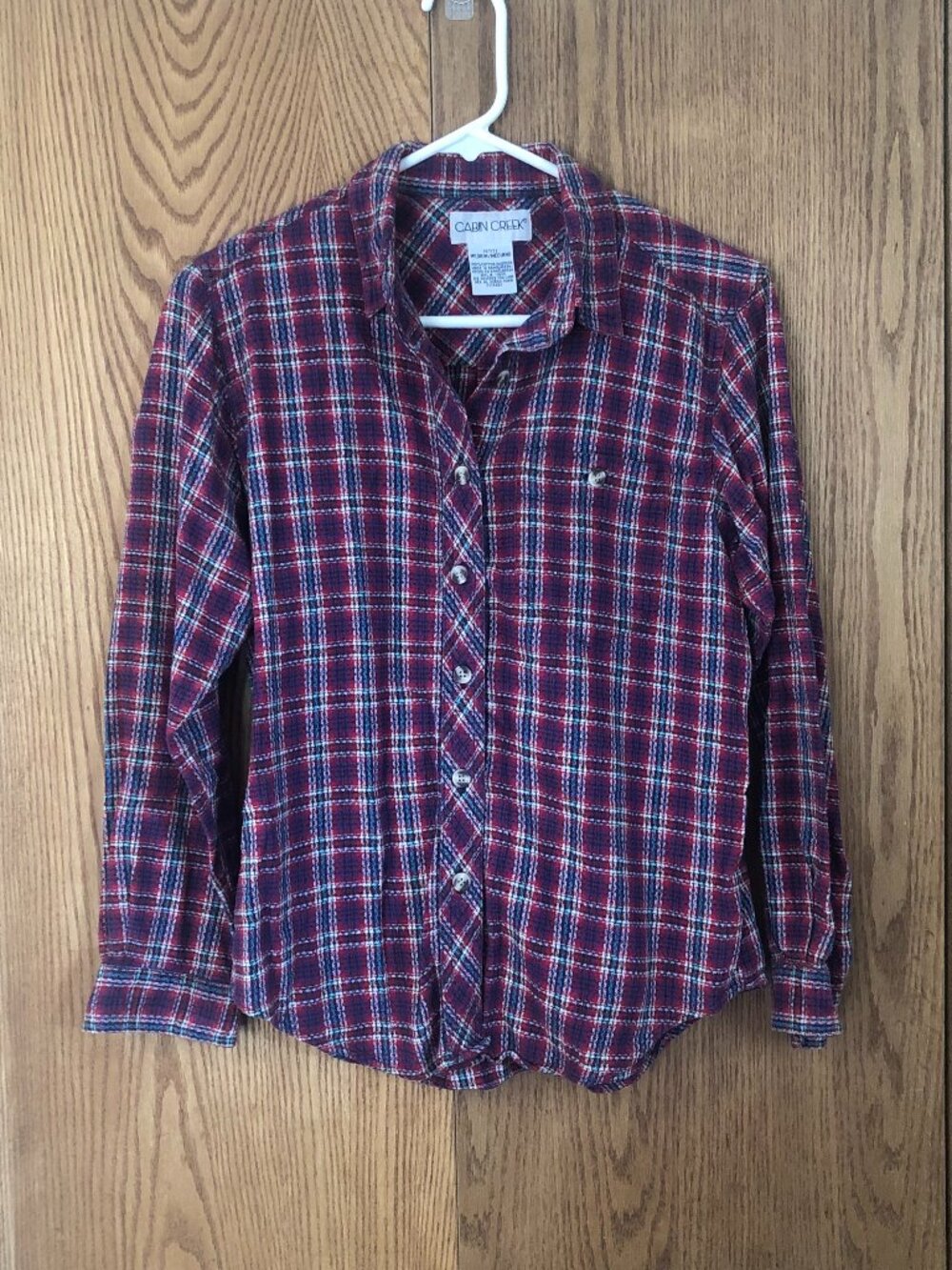 Cabin Creek Womens Petite Medium Plaid Flannel Shirt Red Blue Button Down